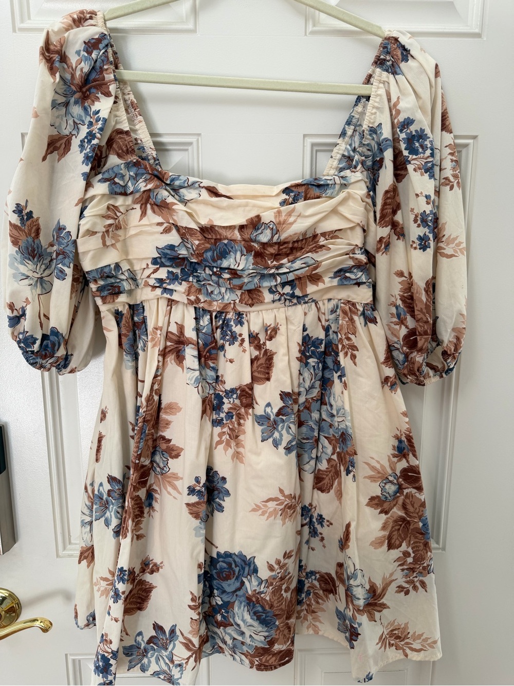 Abercrombie & Fitch Cream Floral Smocked Mini Dress with Blue and Brown Blooms
